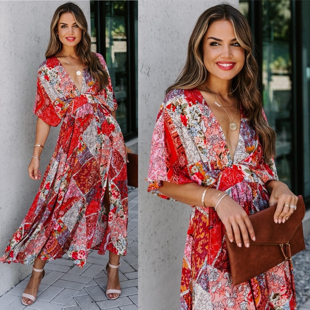 Vici Collection Fair And Square Patchwork Kimono Midi Dress - Small